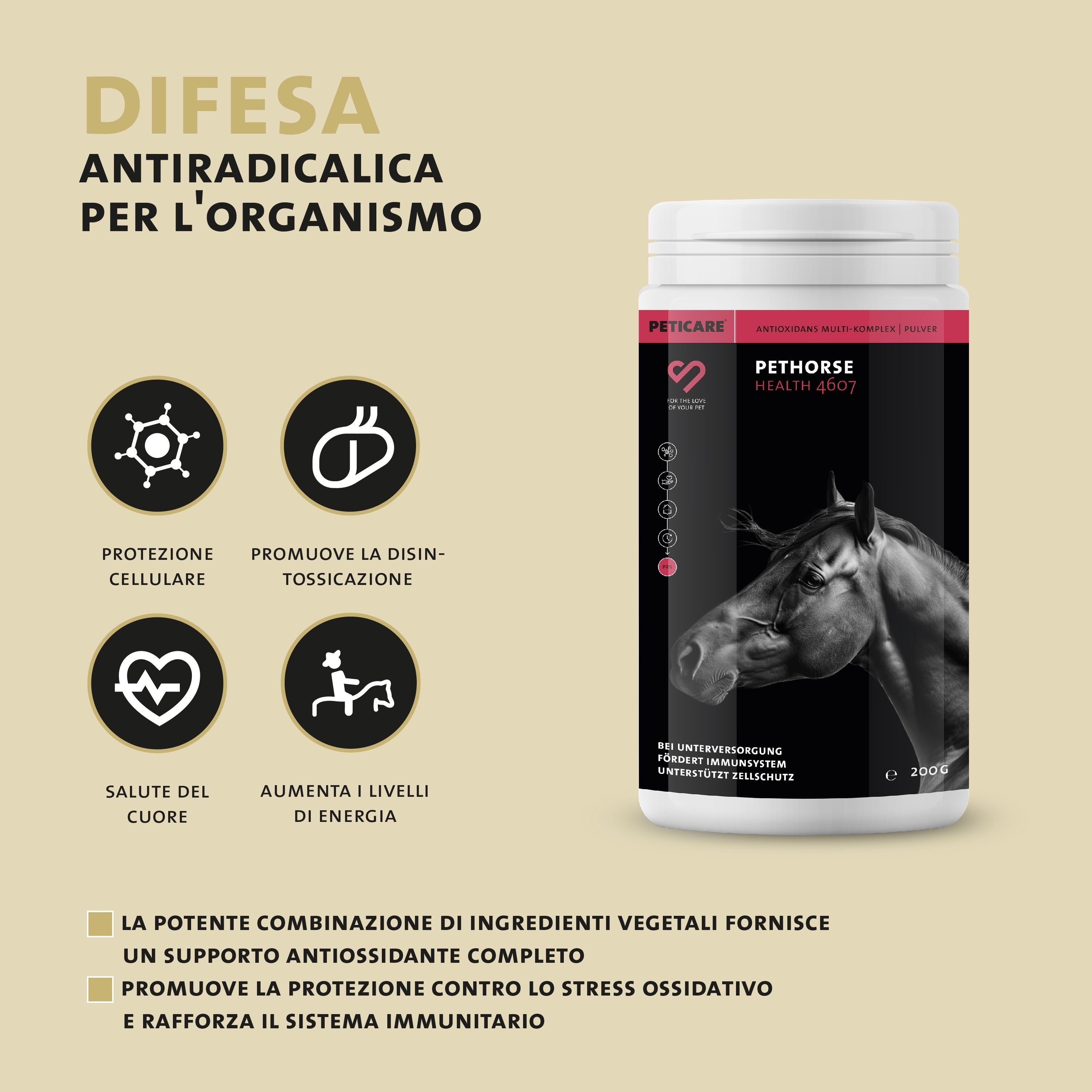 Barattolo Peticare Pethorse Health 4007, icone: cellula, cuore, cavallo, testo "Difesa Antiradicalica".
