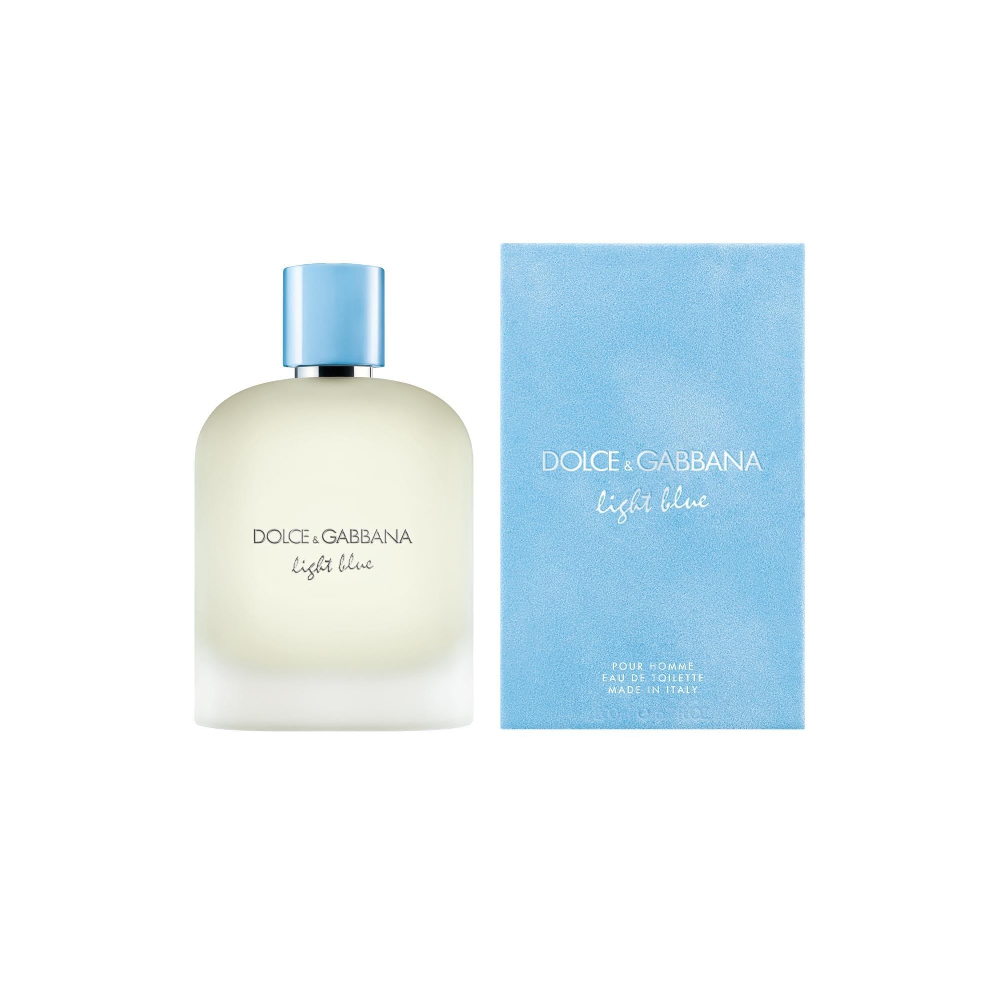 Flacone di profumo azzurro e scatola. Scritta: Dolce & Gabbana Light Blue. Flacone con tappo azzurro chiaro.