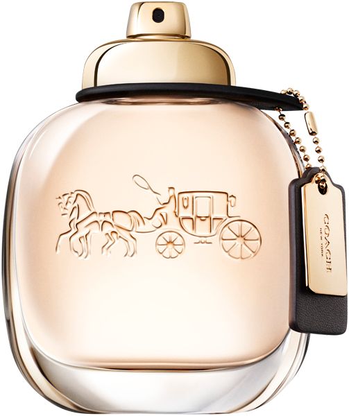 Flacone Coach New York Eau de Parfum. Rotondo, tappo dorato, ciondolo. Logo e carrozza.