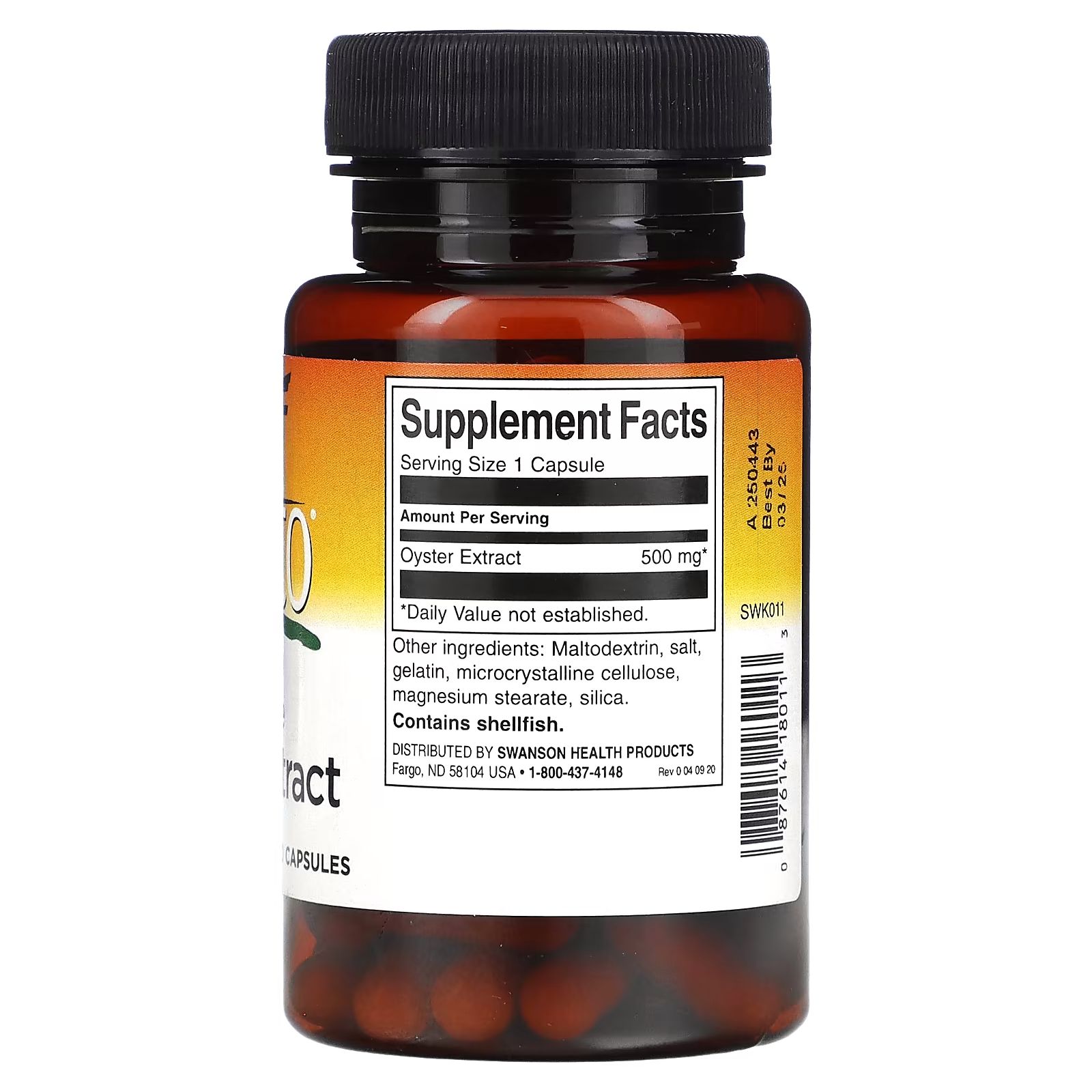 Flacone marrone con tappo nero. Retro con informazioni nutrizionali. Contiene estratto di ostrica 500 mg.