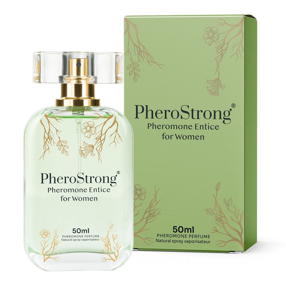 PheroStrong Profumo feromoni per donna, flacone da 50ml con spray e confezione.