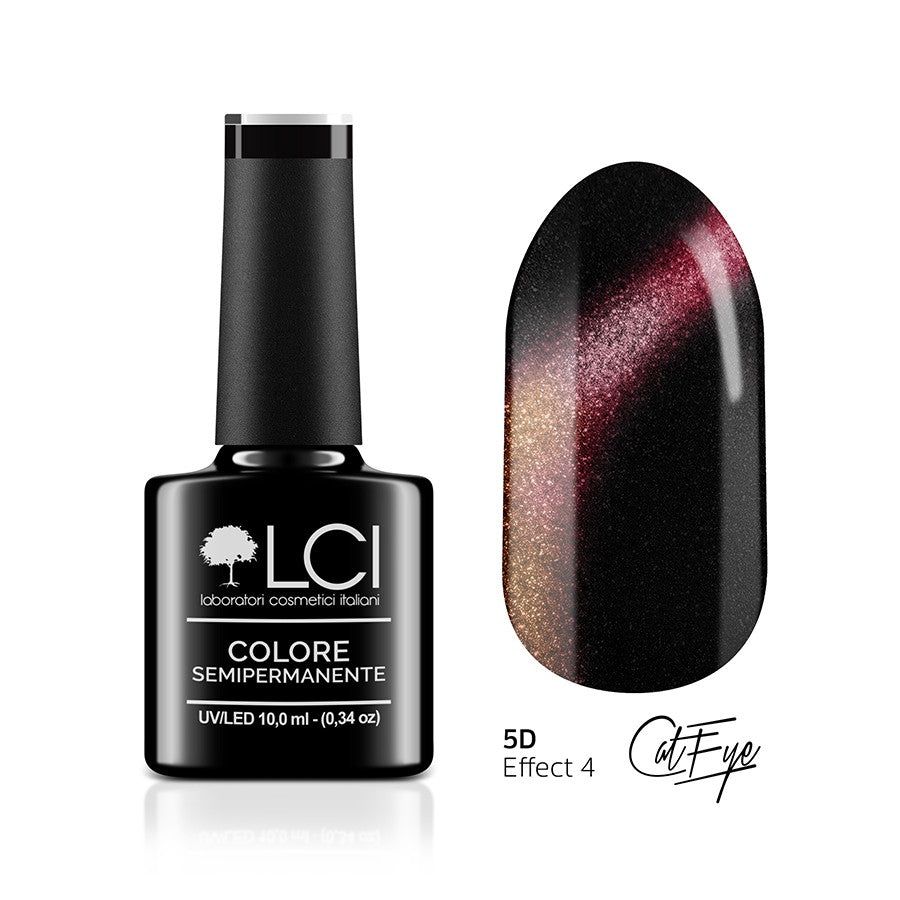 Flacone di smalto con tappo nero e campione. Scritta: LCI, COLORE SEMIPERMANENTE, UVLED 10,0 ml (0,34 oz).