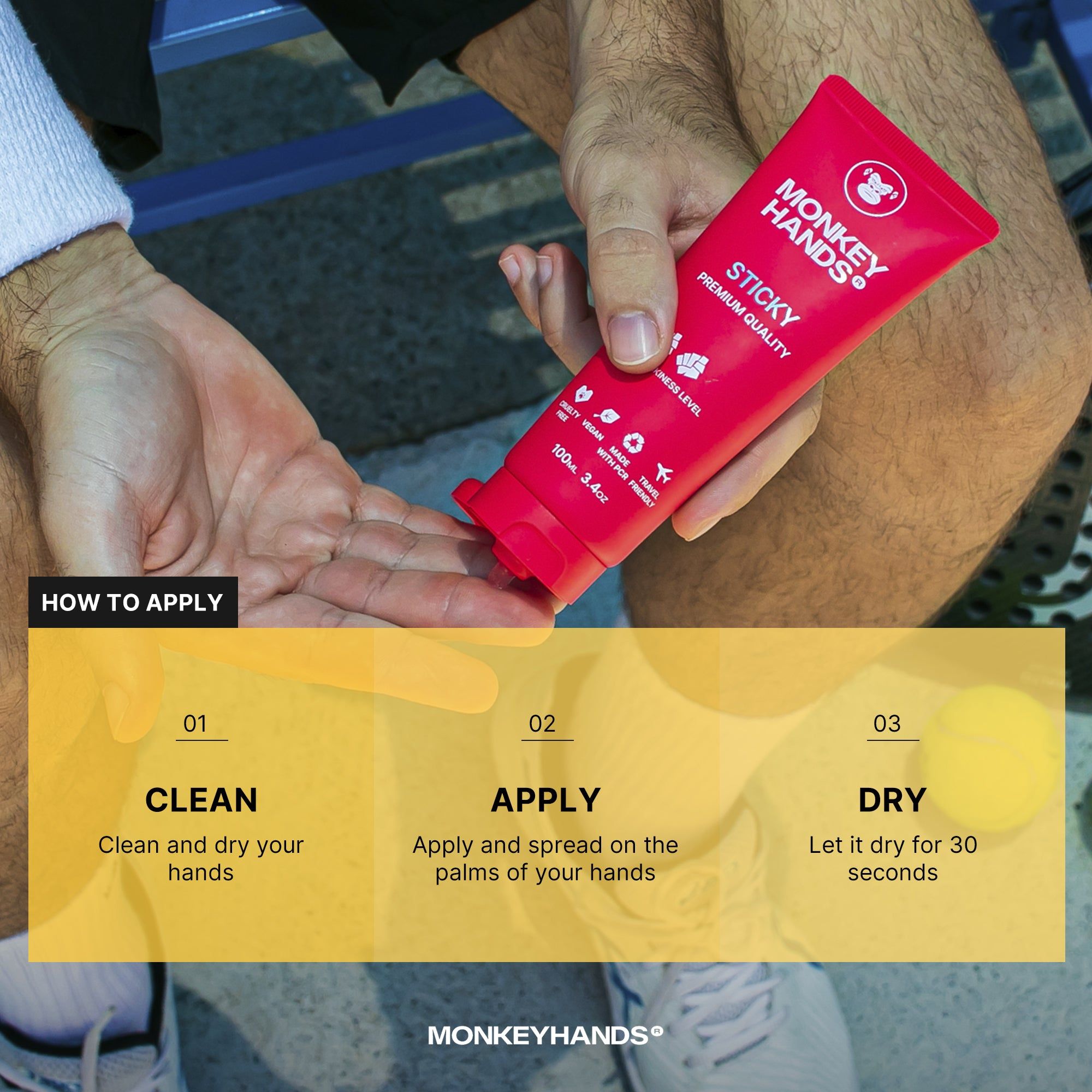Tubo rosso Monkey Hands Sticky con istruzioni per l'uso.