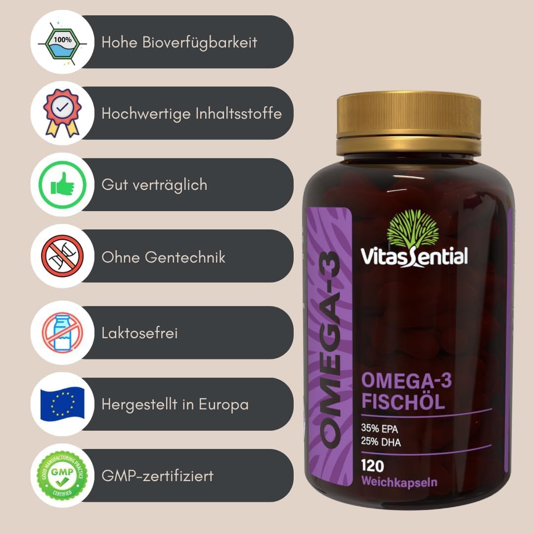 Bottiglia marrone di Omega-3. Scritta: Vitassential, Omega-3 Olio di pesce, 120 capsule. Certificazione GMP.