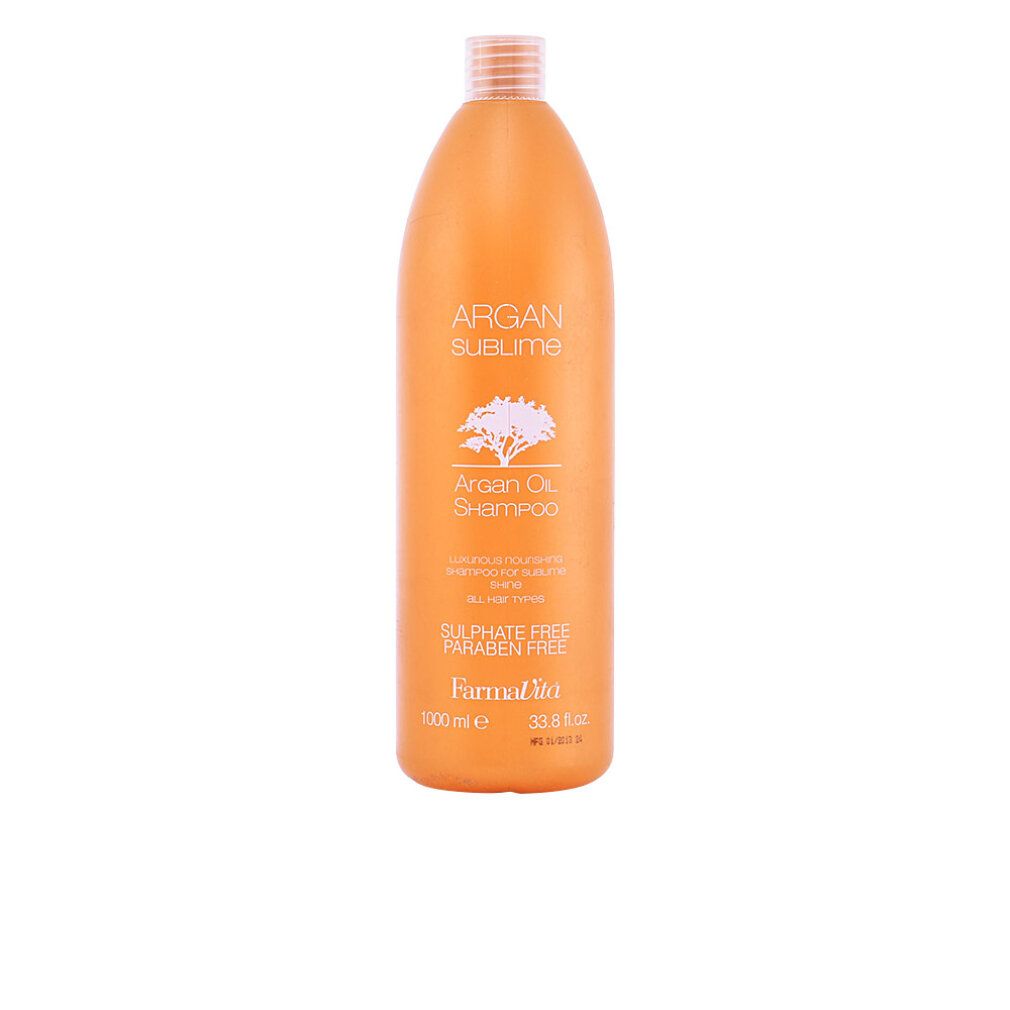 Flacone arancione con etichetta "Argan Sublime Shampoo". Logo albero, testo "Sulphate Free, Paraben Free". Contenuto 1000 ml.