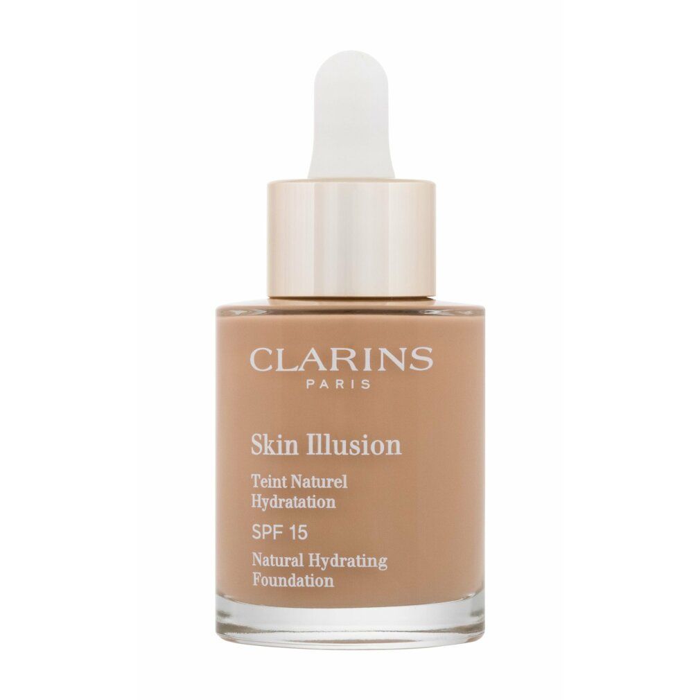 Fondotinta Clarins Skin Illusion. Liquido marrone in flacone di vetro con tappo dorato e pipetta. SPF 15.