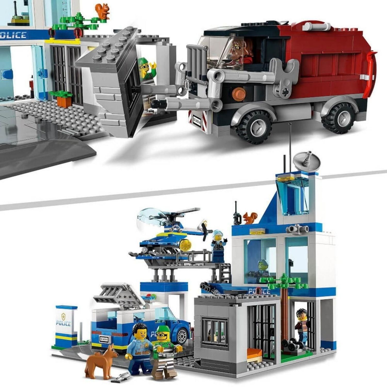 Due immagini della stazione di polizia LEGO City. In alto: primo piano del camion della spazzatura. In basso: stazione di polizia con personaggi e veicoli.