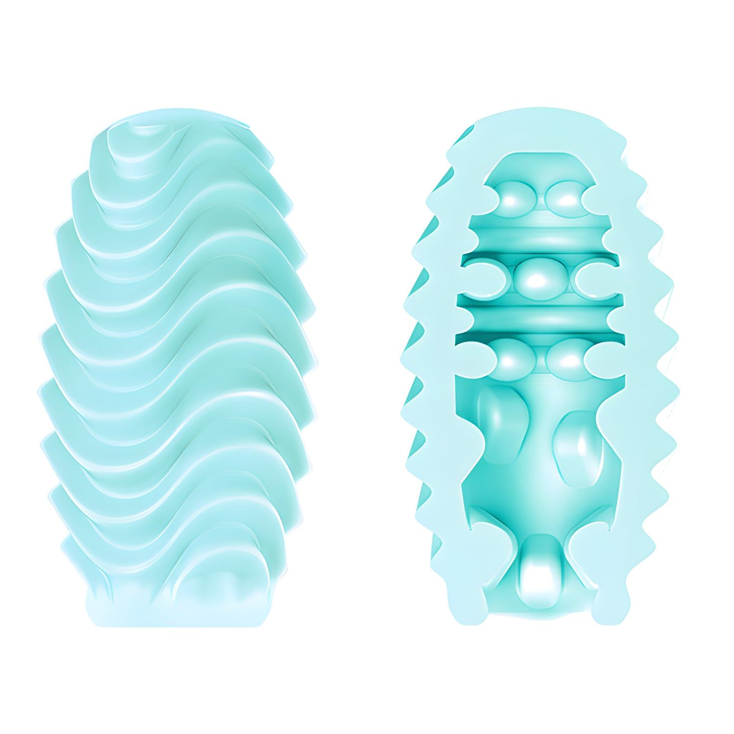 Due prodotti a forma di uovo, blu chiaro. Uno con superficie ondulata, l'altro con borchie e sfere.