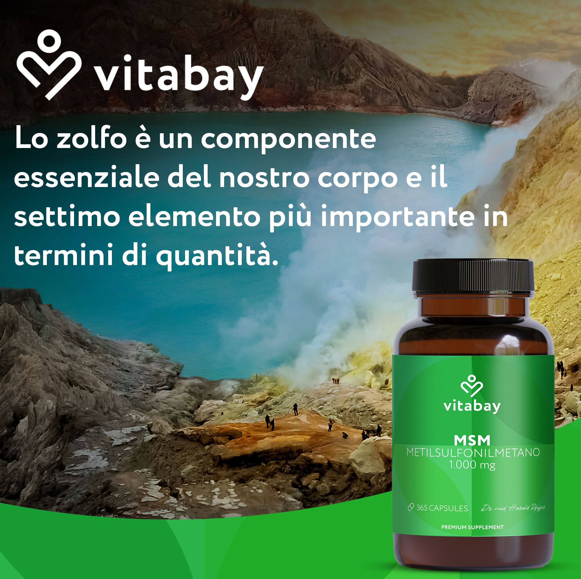 Capsule Vitabay MSM 1000 MG davanti a un paesaggio di sorgenti termali.