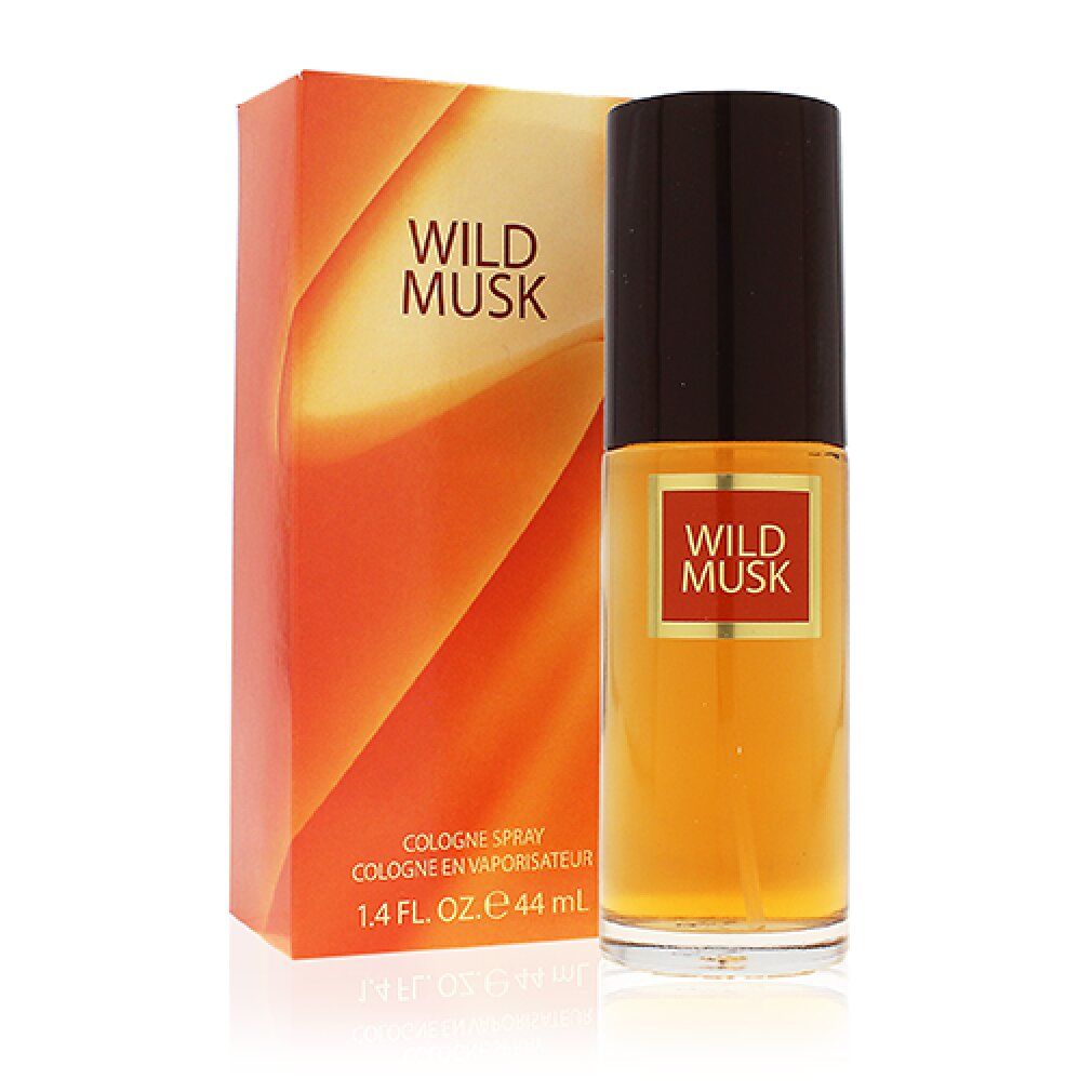 Coty Wild Musk Eau de Cologne Spray e confezione. Flacone con tappo marrone ed etichetta. Scatola arancione.