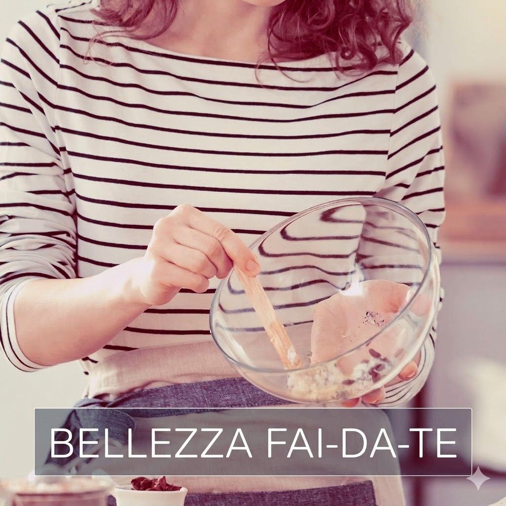 Persona mescola in una ciotola. Testo: BELLEZZA FAI-DA-TE.