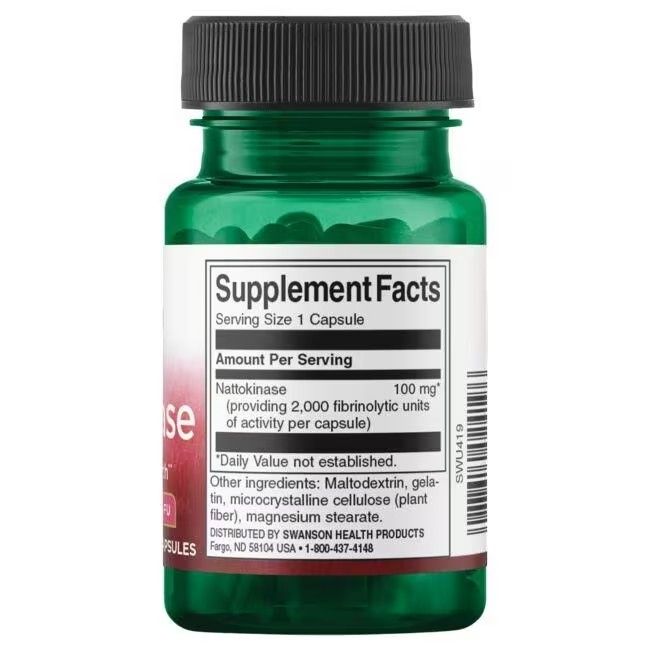 Retro del flacone. Etichetta con informazioni nutrizionali per "Nattokinase", 100 mg per capsula, ingredienti.