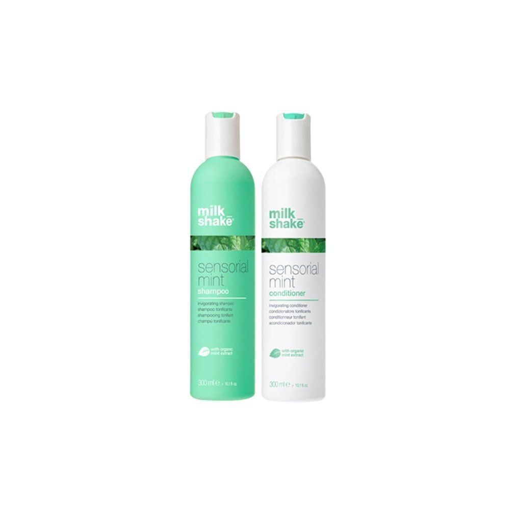 Due flaconi. Sinistra: mint Shampoo. Destra: mint Conditioner. Entrambi con stampa verde. Scritta: milk_shake, sensorial mint. Volume: 300 ml.