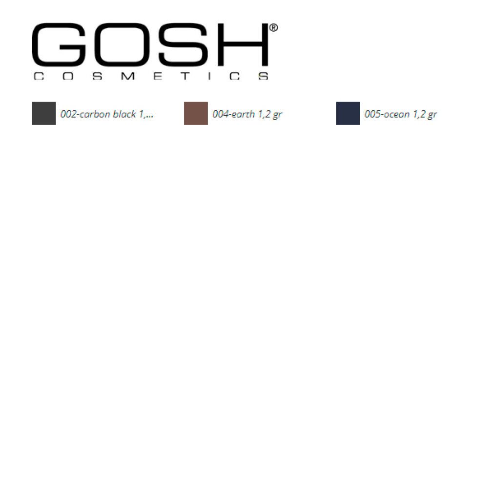Logo Gosh Cosmetics. Campioni di colore: 002 Carbon Black, 004 Earth, 005 Ocean. Nomi dei prodotti e colori visibili.