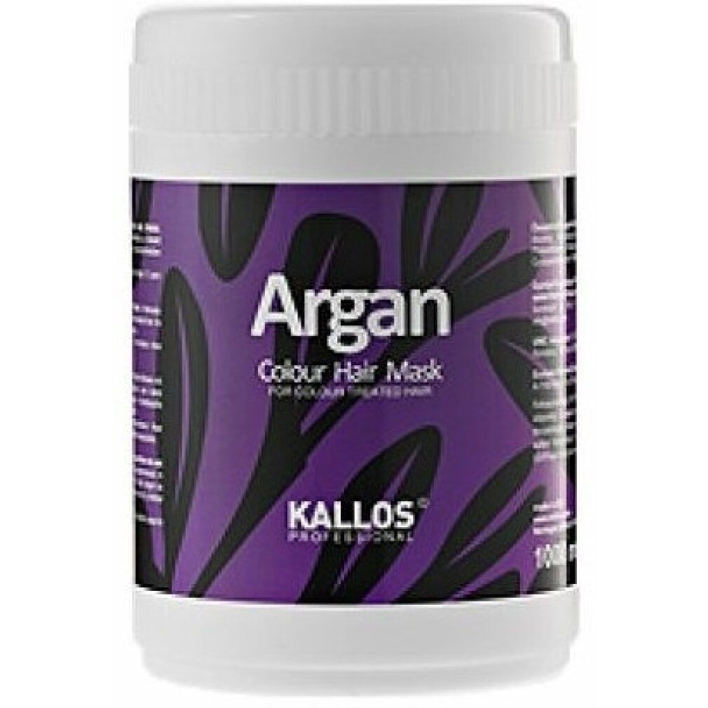 Contenitore bianco con etichetta viola. Scritta: Argan Colour Hair Mask. Marchio: Kallos Professional. 1000 ml.