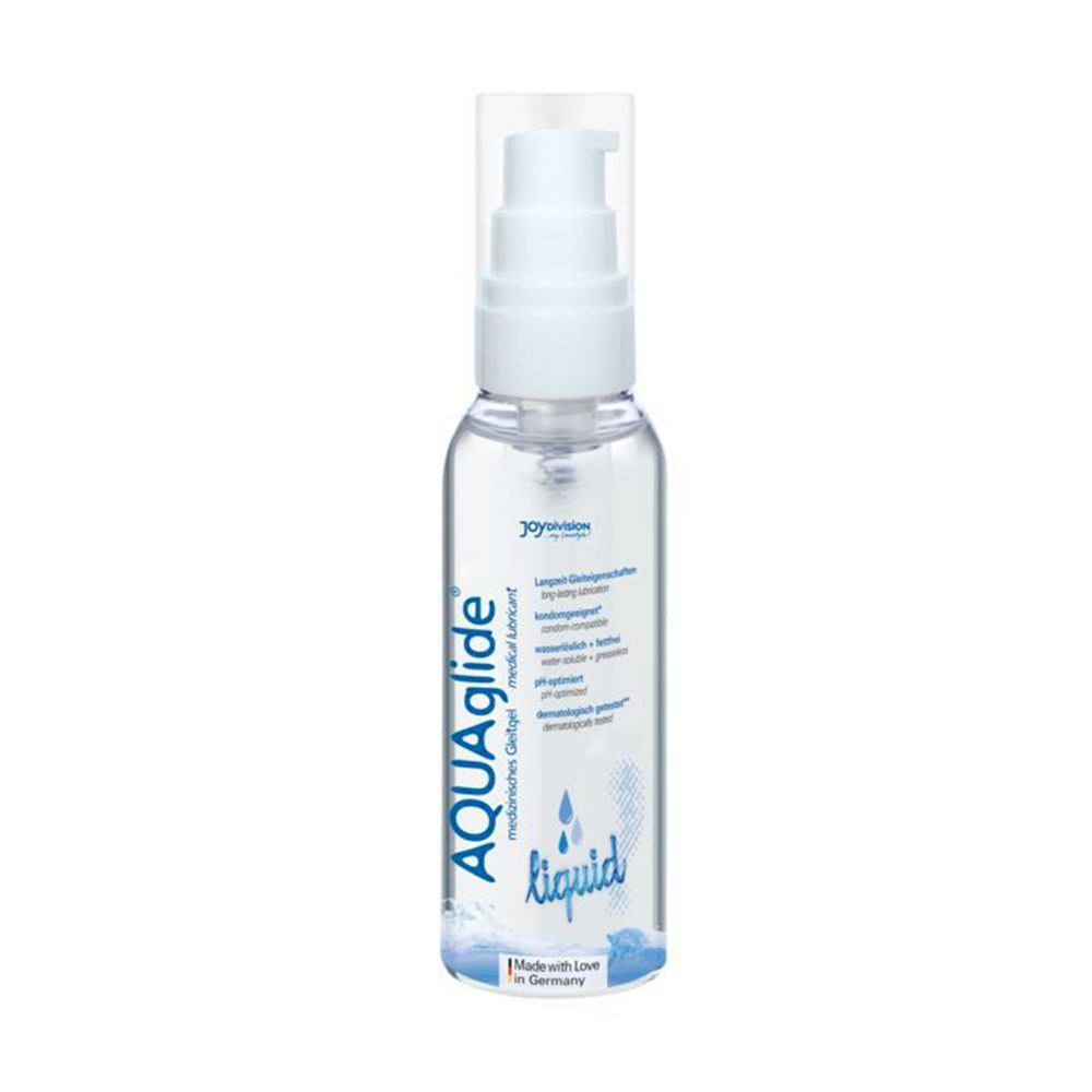 Flacone trasparente con erogatore bianco. Scritta: AQUAglide liquid. Contiene informazioni sulla composizione e pH. Made in Germany.