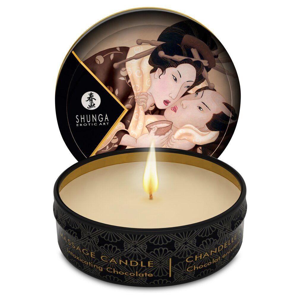 Candela da massaggio Shunga, profumo: Cioccolato inebriante. Accesa. Coperchio con arte erotica.