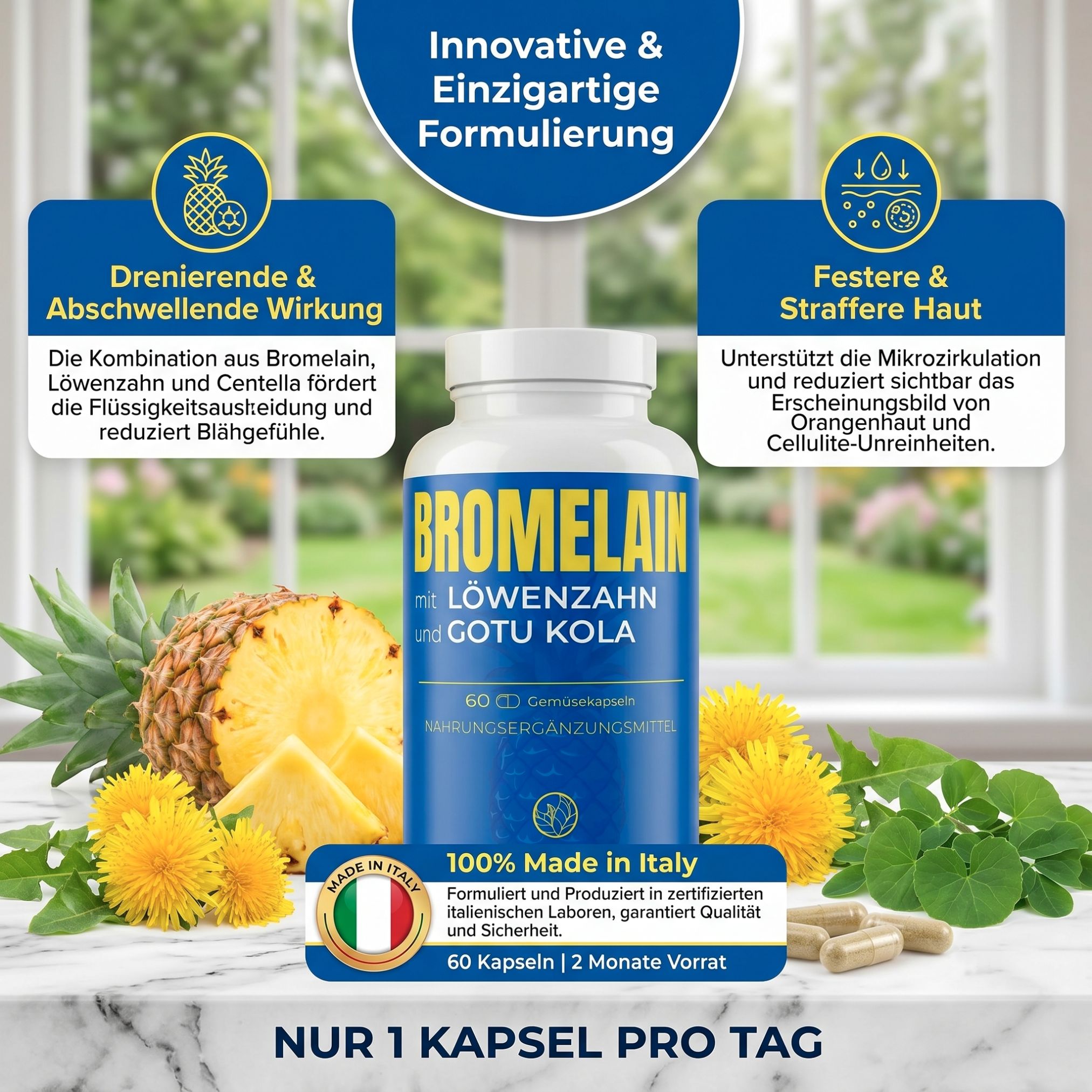 Flacone di Bromelina con Tarassaco e Gotu Kola, circondato da ananas e tarassaco.
