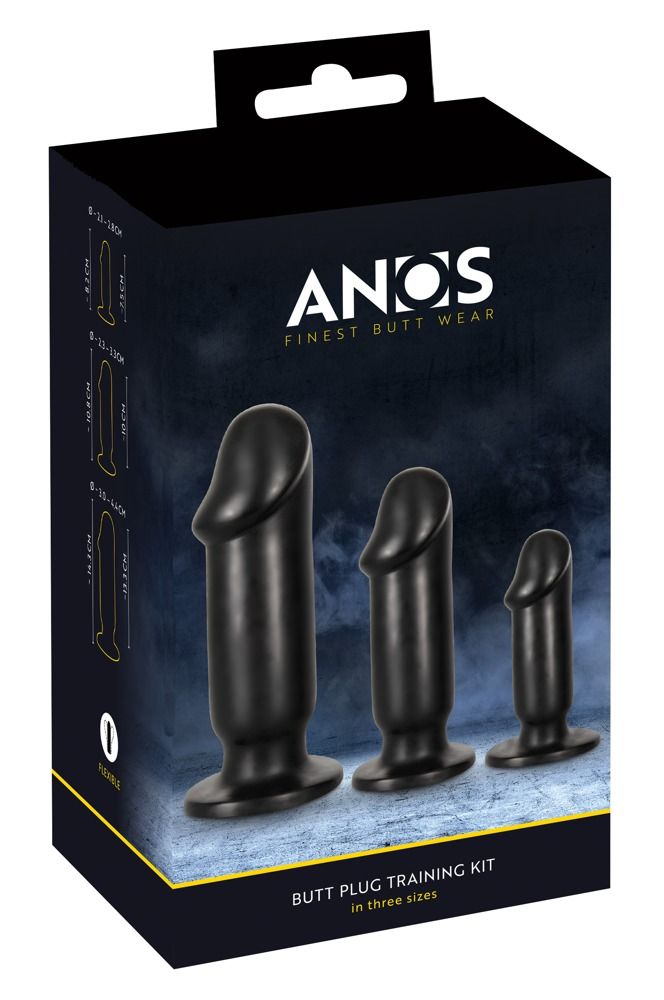 Confezione per un kit di addestramento per plug anale in tre misure, marca ANOS.