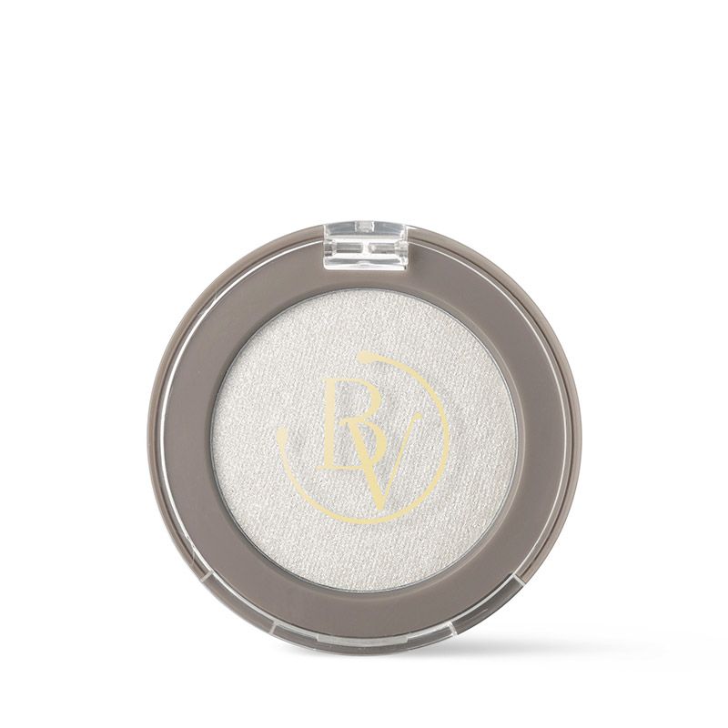 Ombretto argento rotondo in un contenitore grigio con coperchio trasparente. Logo BV.