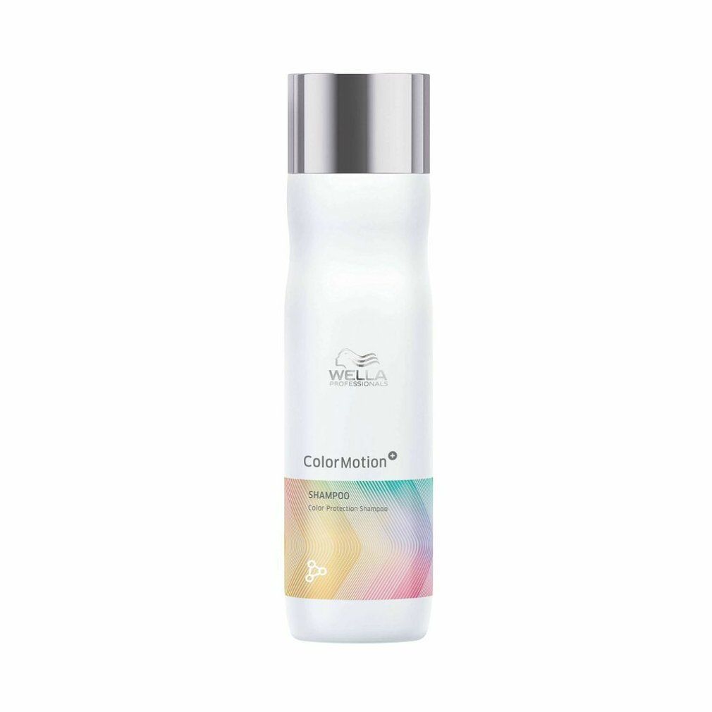 Flacone di shampoo bianco con tappo argentato. Scritta: Wella ColorMotion Shampoo. Adesivo colorato.