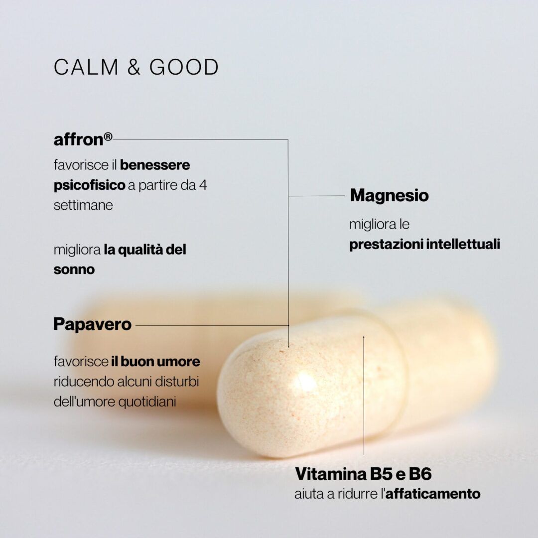 Primo piano di una capsula con scritte. Contiene informazioni sugli ingredienti e i loro effetti.