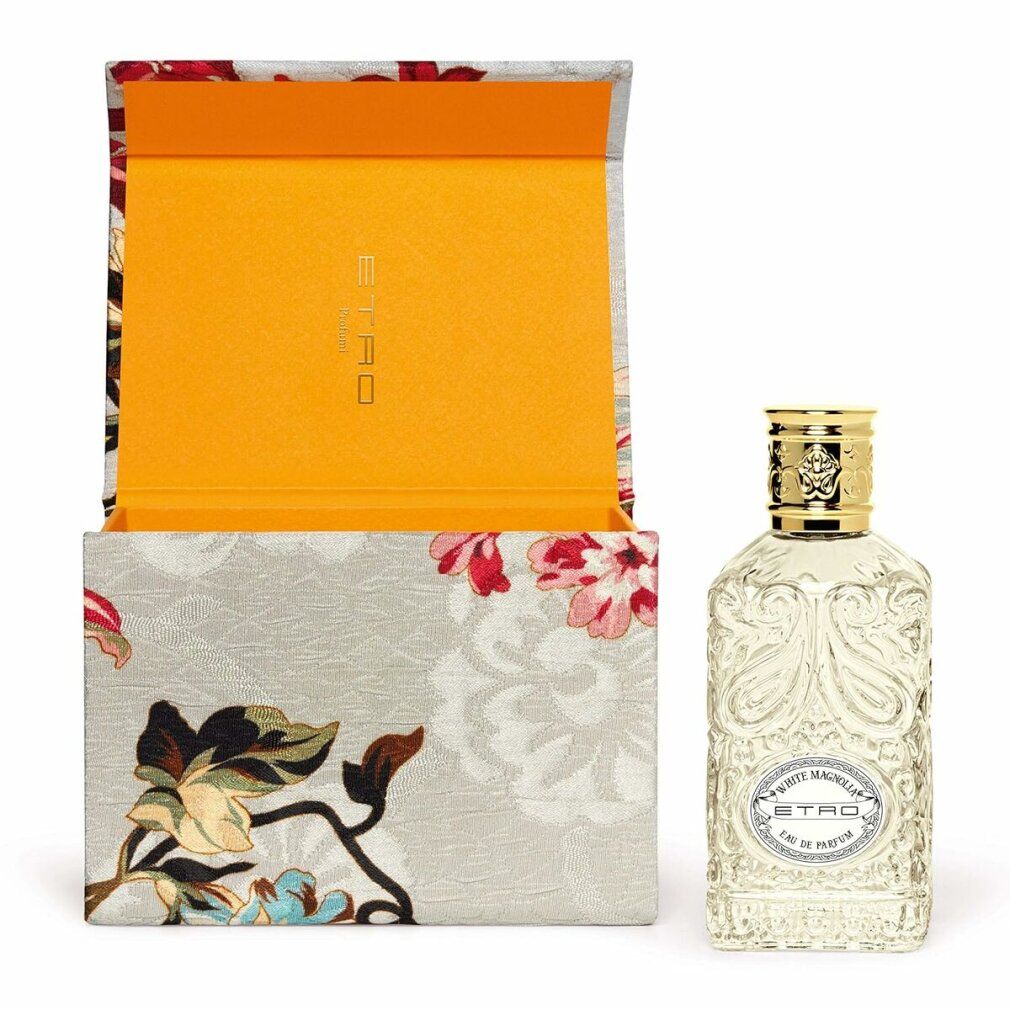 Flacone Etro White Magnolia Eau de Parfum accanto alla scatola aperta.