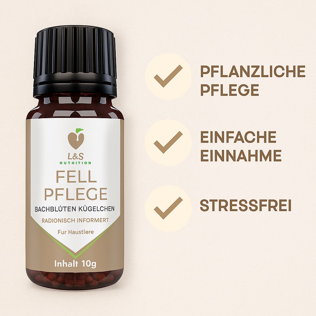 Flacone L&S Nutrition Fellpflege con tre segni di spunta e testi: Cura vegetale, Assunzione facile, Senza stress.