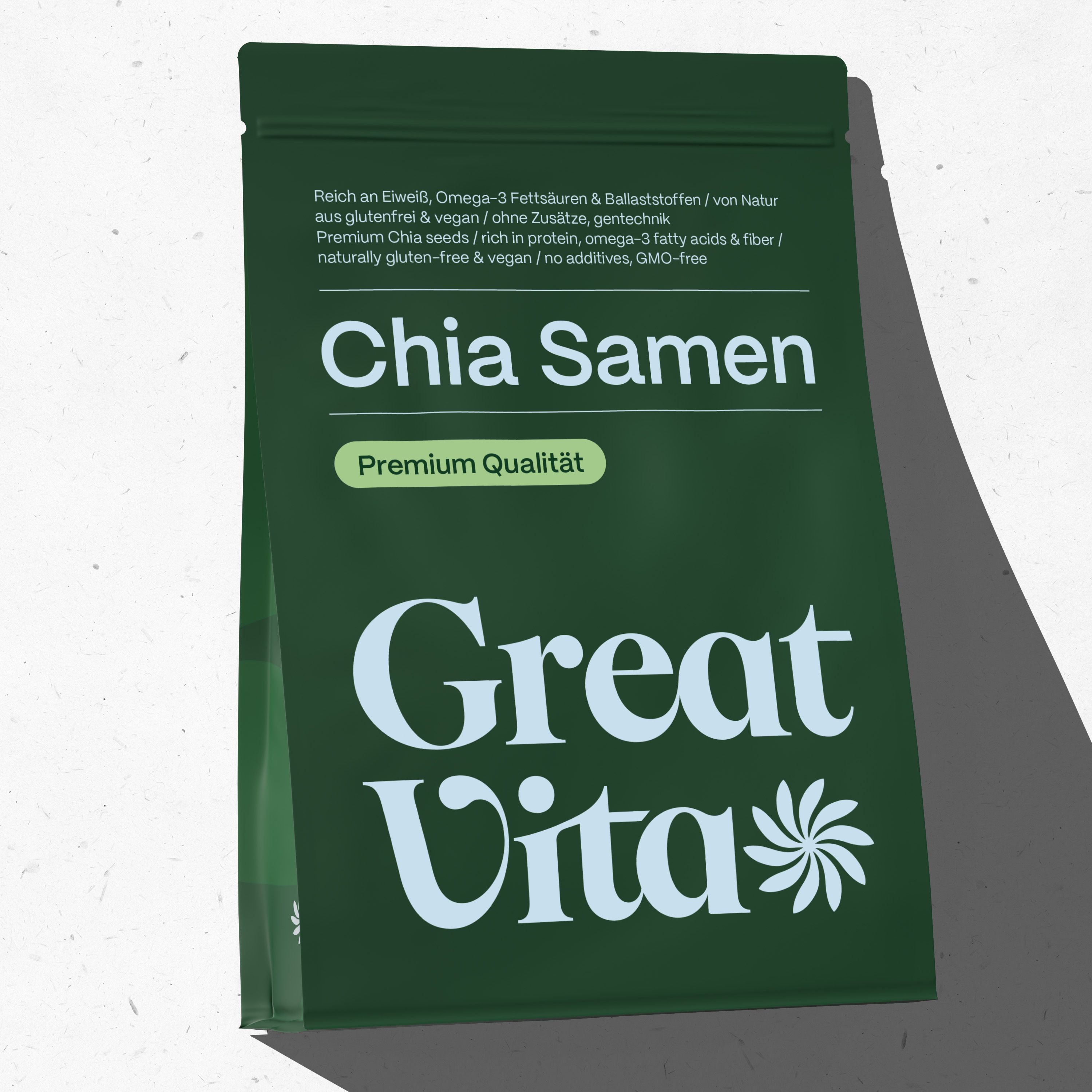 Confezione verde con semi di chia. Testo: Chia Samen, Premium Qualität, logo Great Vita. Contiene acidi grassi omega-3 e fibre.