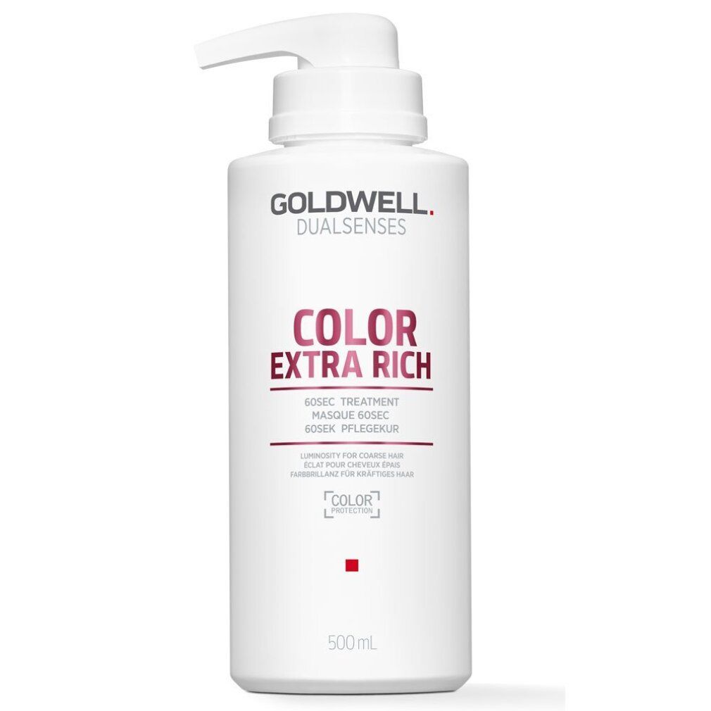 Flacone bianco con dosatore. Scritta: GOLDWELL DUALSENSES COLOR EXTRA RICH. 500ml. Per capelli colorati.