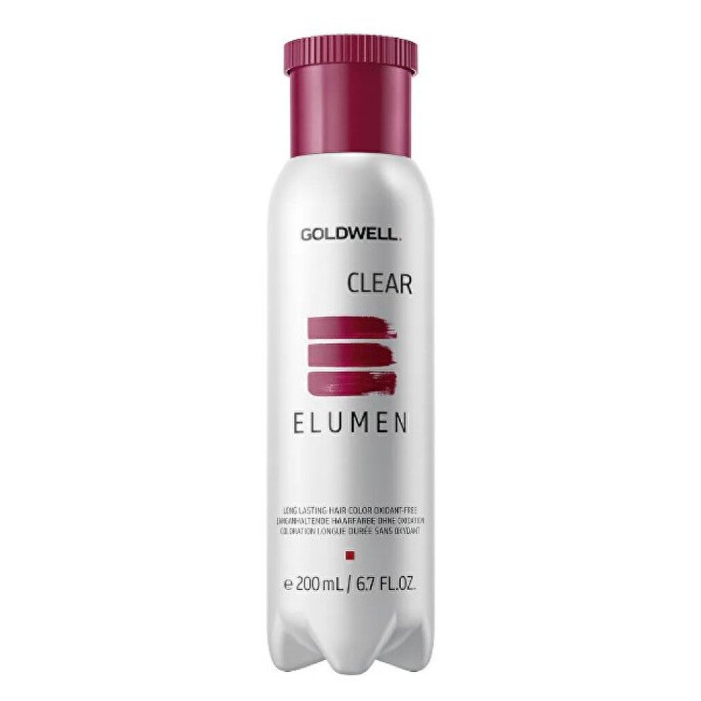 Goldwell Elumen, flacone bianco con tappo bordeaux. Scritta: CLEAR, Elumen, 200 ml.