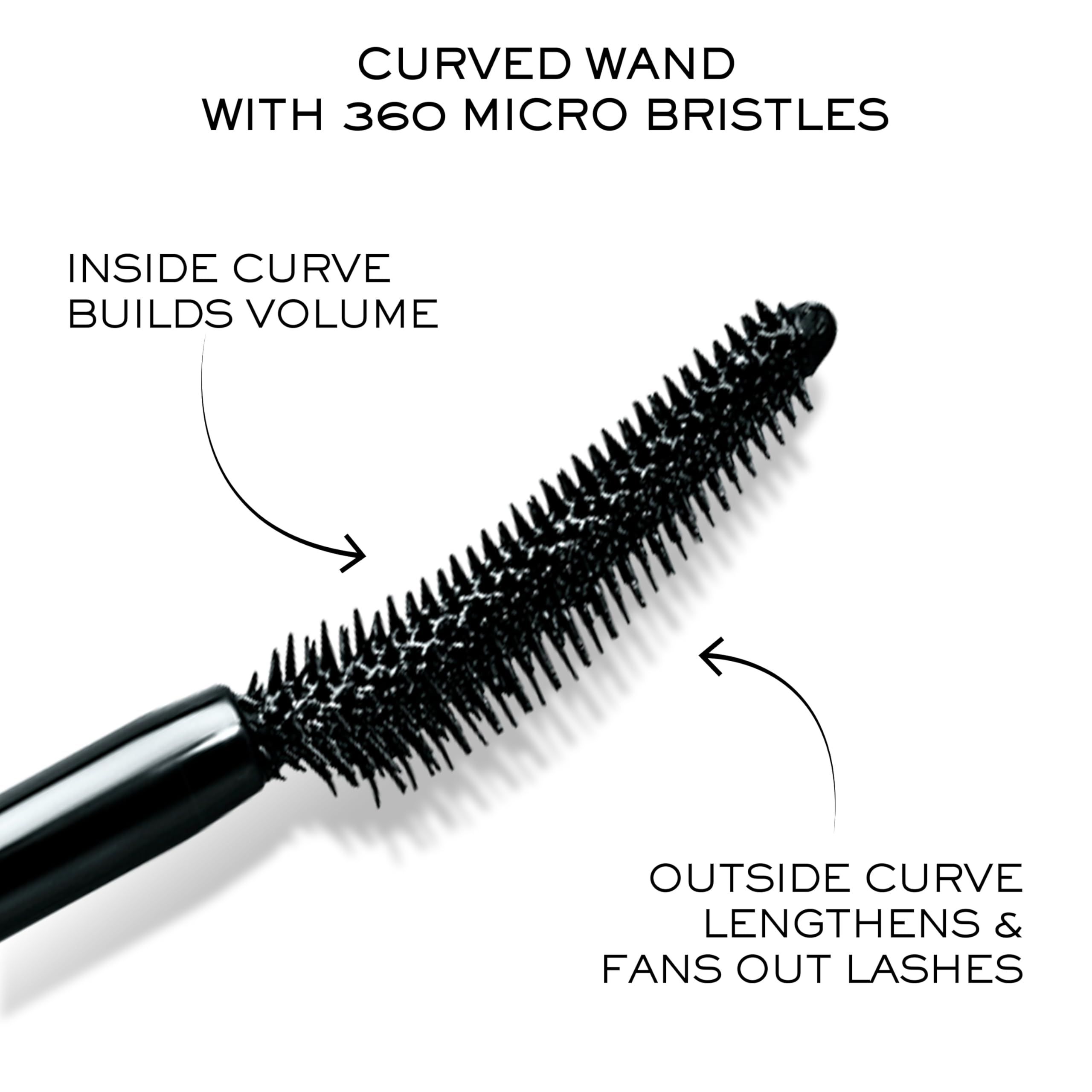 Primo piano di uno scovolino per mascara. Lo scovolino ha una forma curva con micro-setole. Testo: "CURVED WAND WITH 360 MICRO BRISTLES".