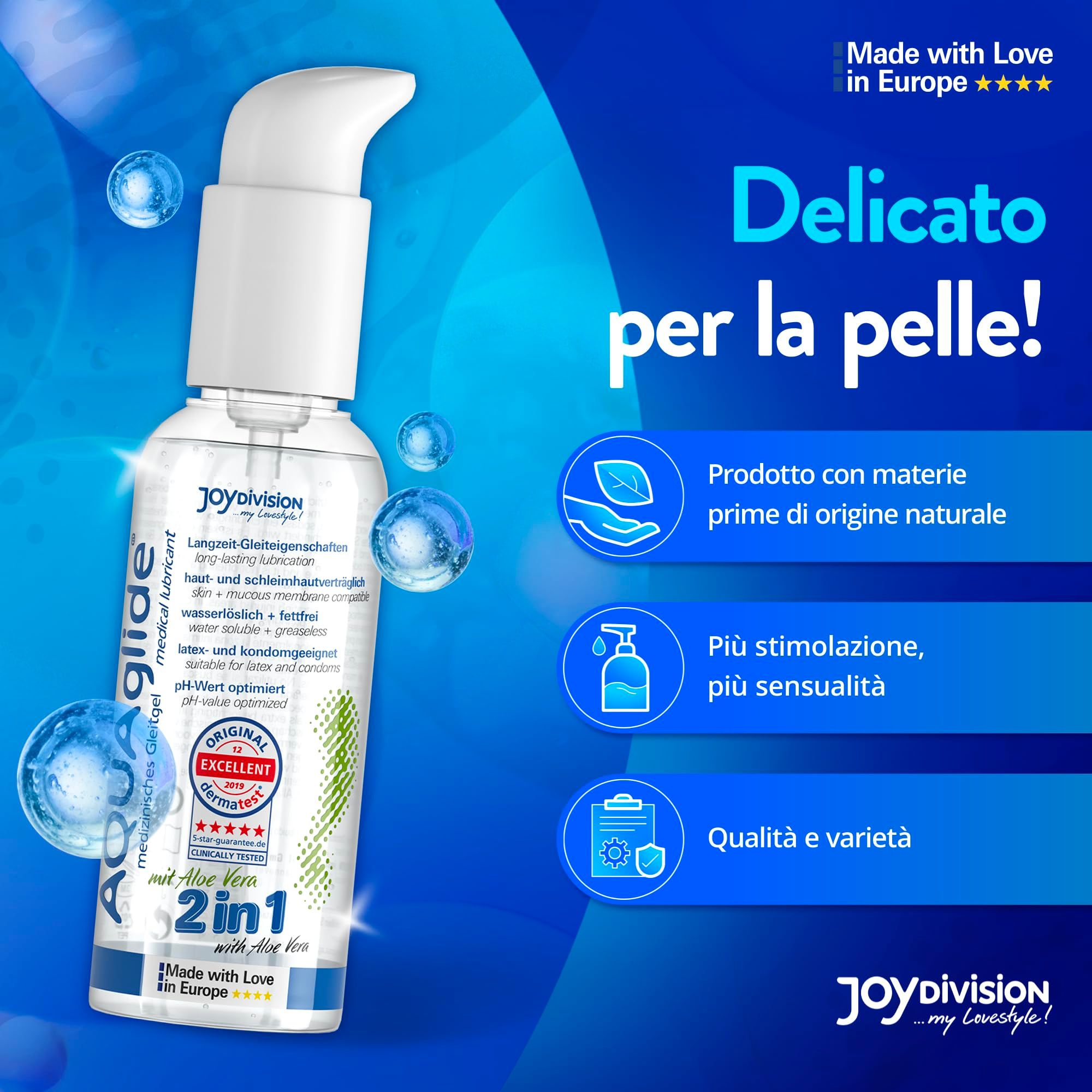 Gel AQUAGLIDE, flacone pompa, scritta "Made with Love in Europe".