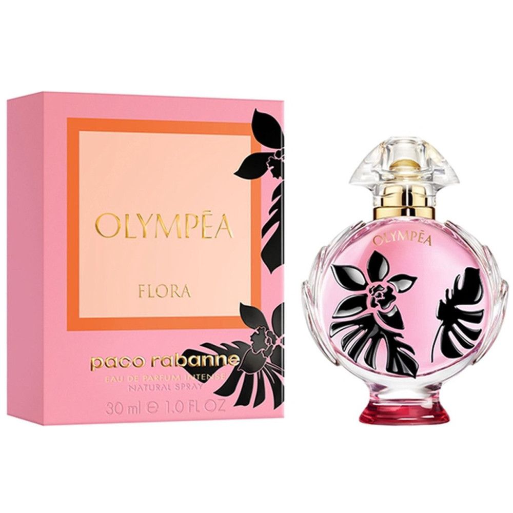 Flacone e confezione rosa. Scritta OLYMPÉA FLORA. Motivi floreali neri. 30 ml. Spray naturale.