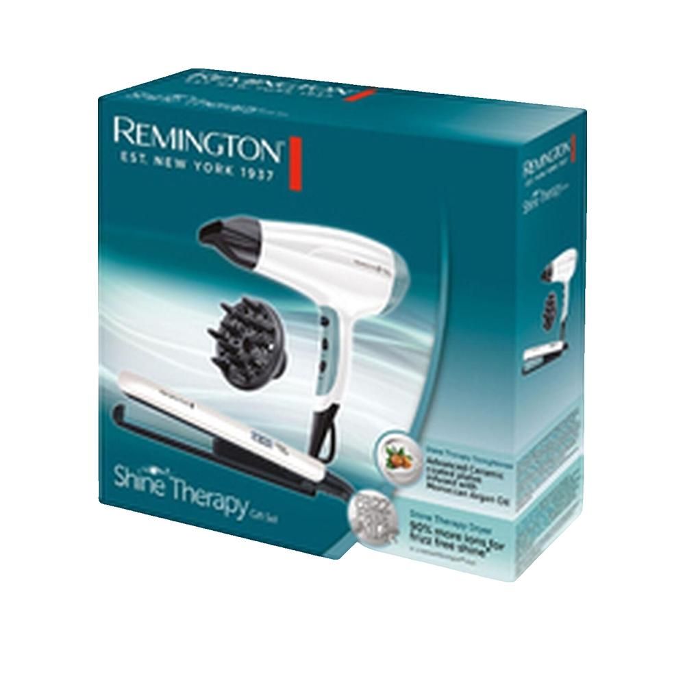 Confezione prodotto con asciugacapelli, piastra e diffusore. Scatola turchese. Logo Remington e nomi dei prodotti.