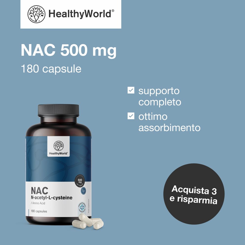 Flacone del prodotto con capsule. Testo: NAC 500 mg, 180 capsule. Logo: HealthyWorld. Testo: Acquista 3 e risparmia.