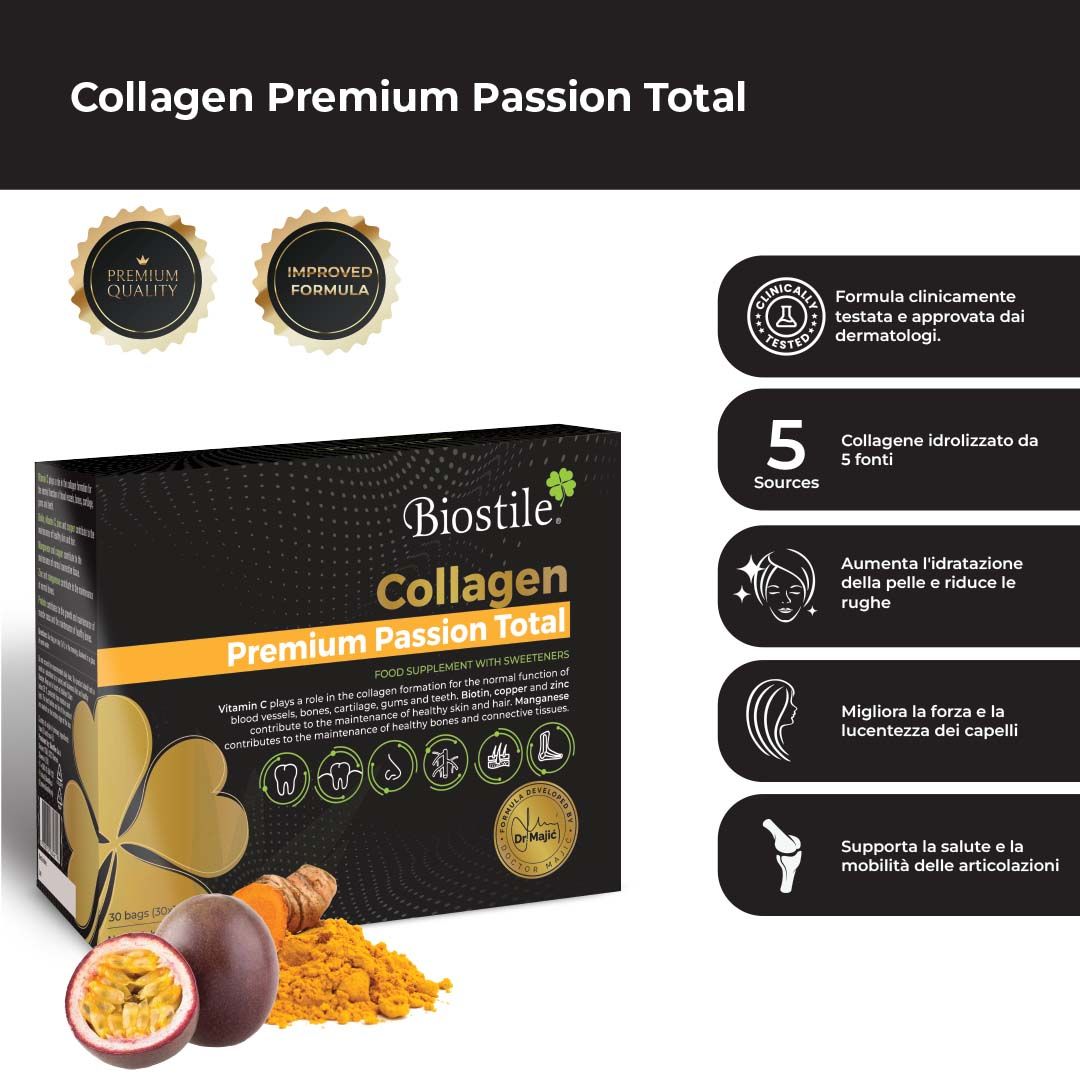 Confezione Biostile Collagen Premium Passion Total con testo e icone. Testo: Vantaggi, ingredienti, qualità.