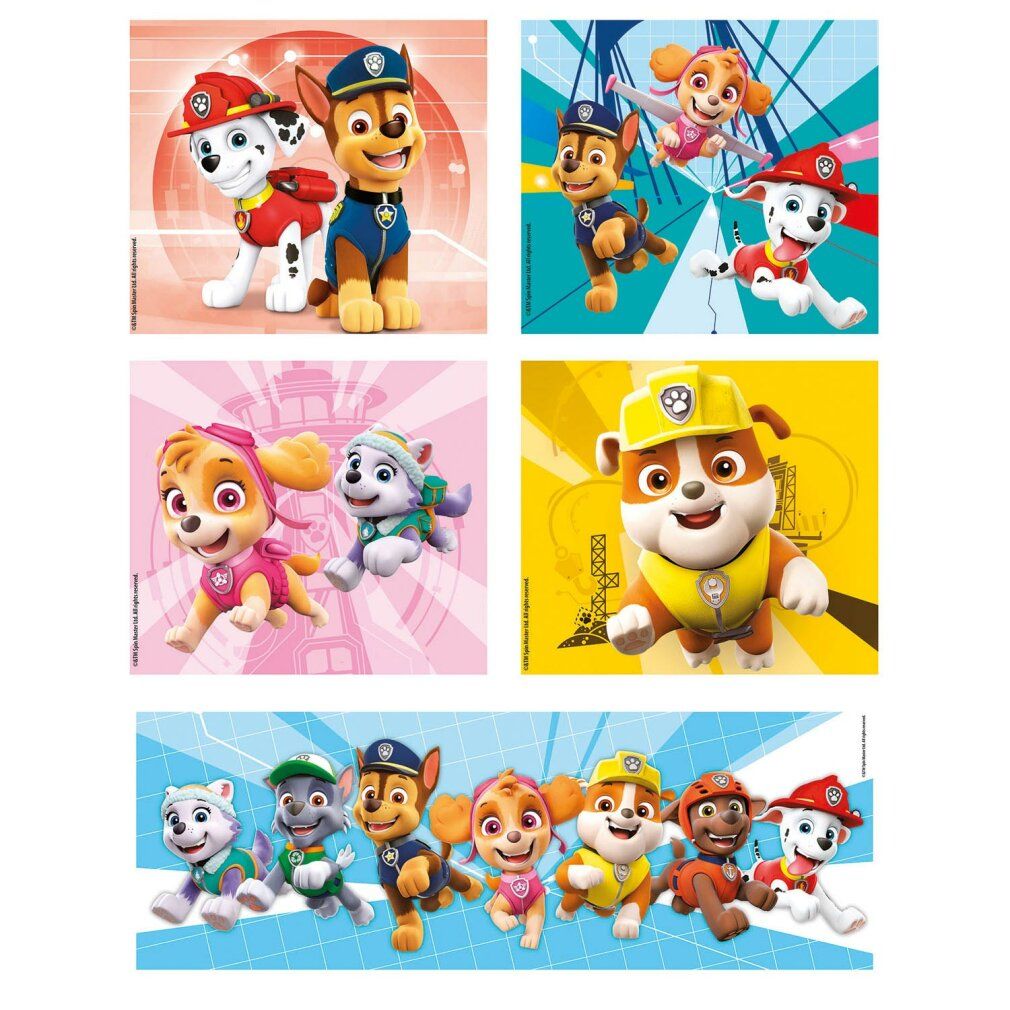 Sei puzzle con personaggi di Paw Patrol. Diversi motivi con i personaggi. Sfondi rosa, gialli e blu.