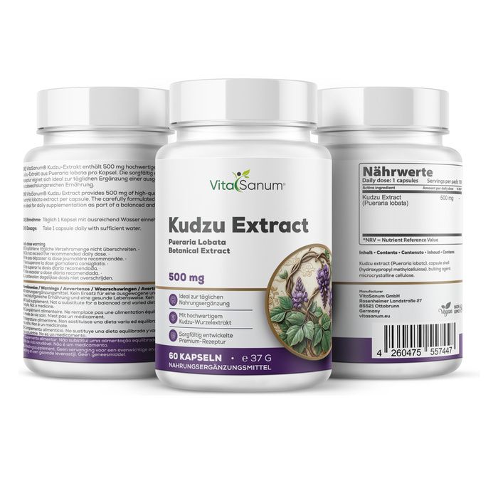 Tre contenitori di capsule VitaSanum Kudzu Extract, 500 mg. Uno davanti, due dietro. Contenitori bianchi con etichette viola.