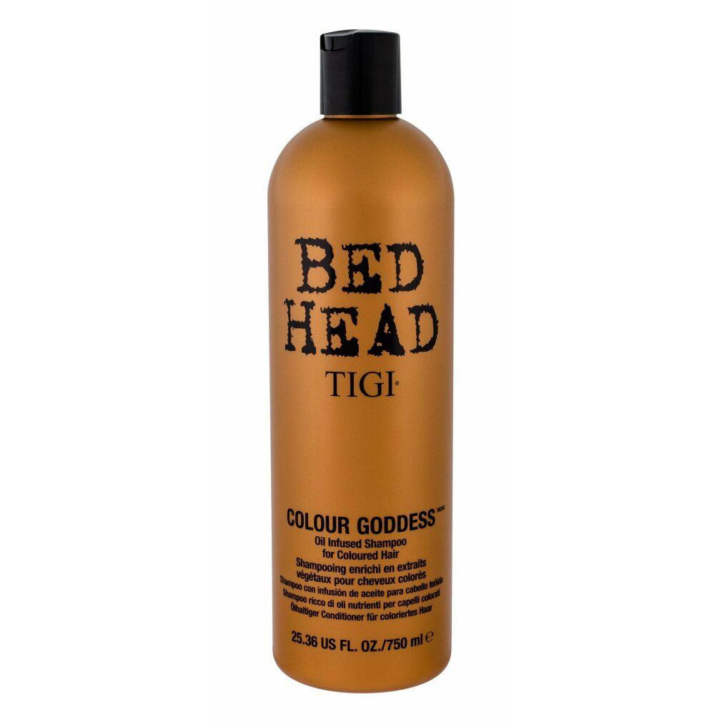 Flacone dorato con tappo nero. Scritta: Bed Head TIGI Colour Goddess. Nome del prodotto e testo in nero.