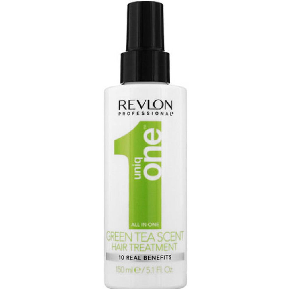 Flacone bianco con erogatore nero. Scritta: Uniq One, Green Tea Scent Hair Treatment. 10 benefici reali.
