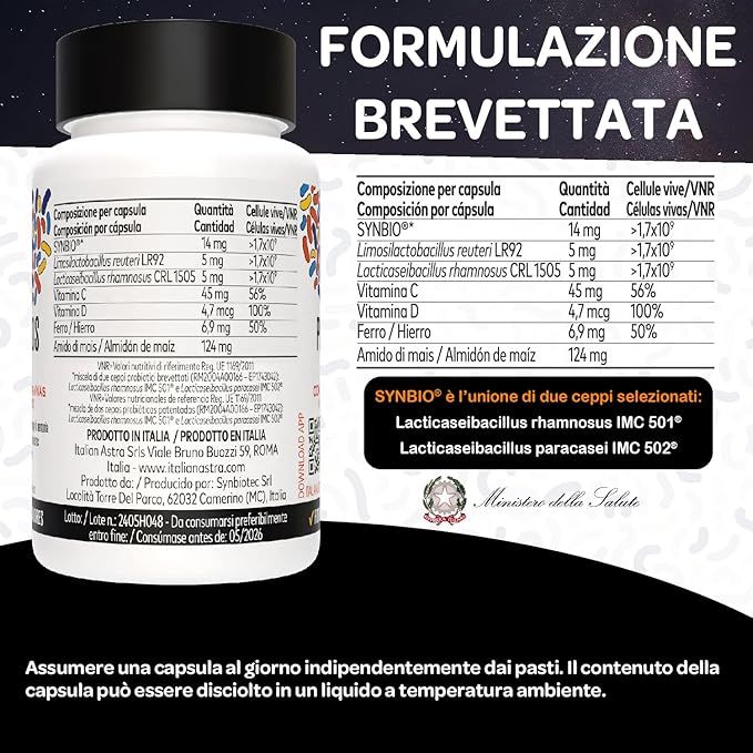 Retro del flacone. Ingredienti e informazioni nutrizionali. Scritta: SYNBIO, formula. Marchio: Italian Astra. Ministero della Salute.