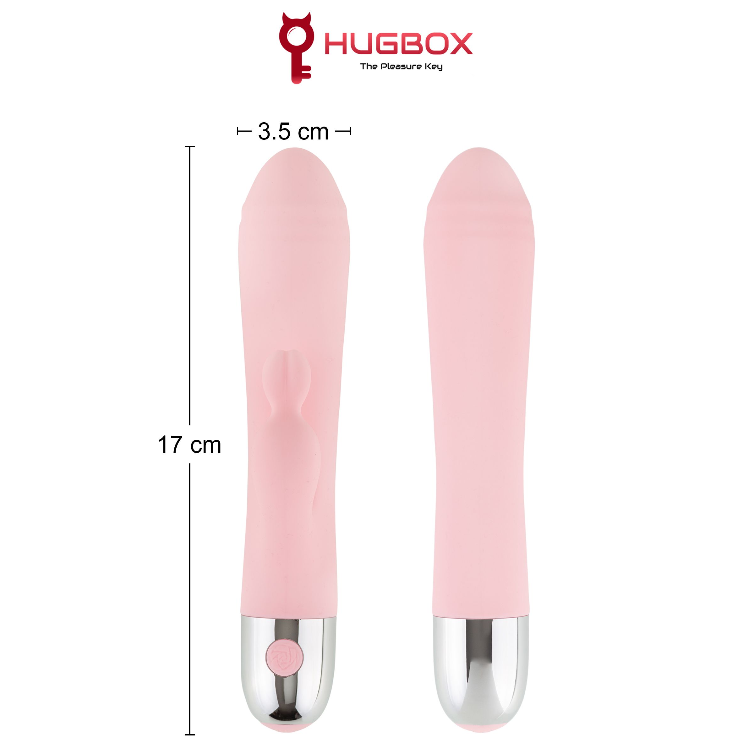 Due vibratori rosa, uno con dimensioni: 17 cm di lunghezza, 3,5 cm di larghezza. Logo: HUGBOX The Pleasure Key. Sfondo bianco.