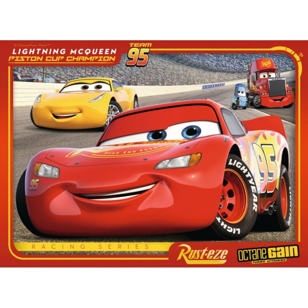 Puzzle con auto rossa, Disney Cars 3. Auto rossa con volto, pista sullo sfondo. Testo: LIGHTNING MCQUEEN, RUSTEZE, OCTANE GAIN.