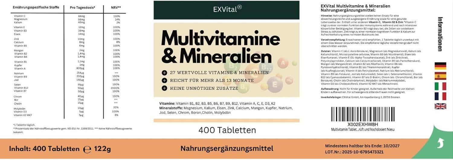 Etichetta del prodotto con testo: Multivitamine & Minerali, 400 compresse, 122g, 27 vitamine, 13 mesi di fornitura.