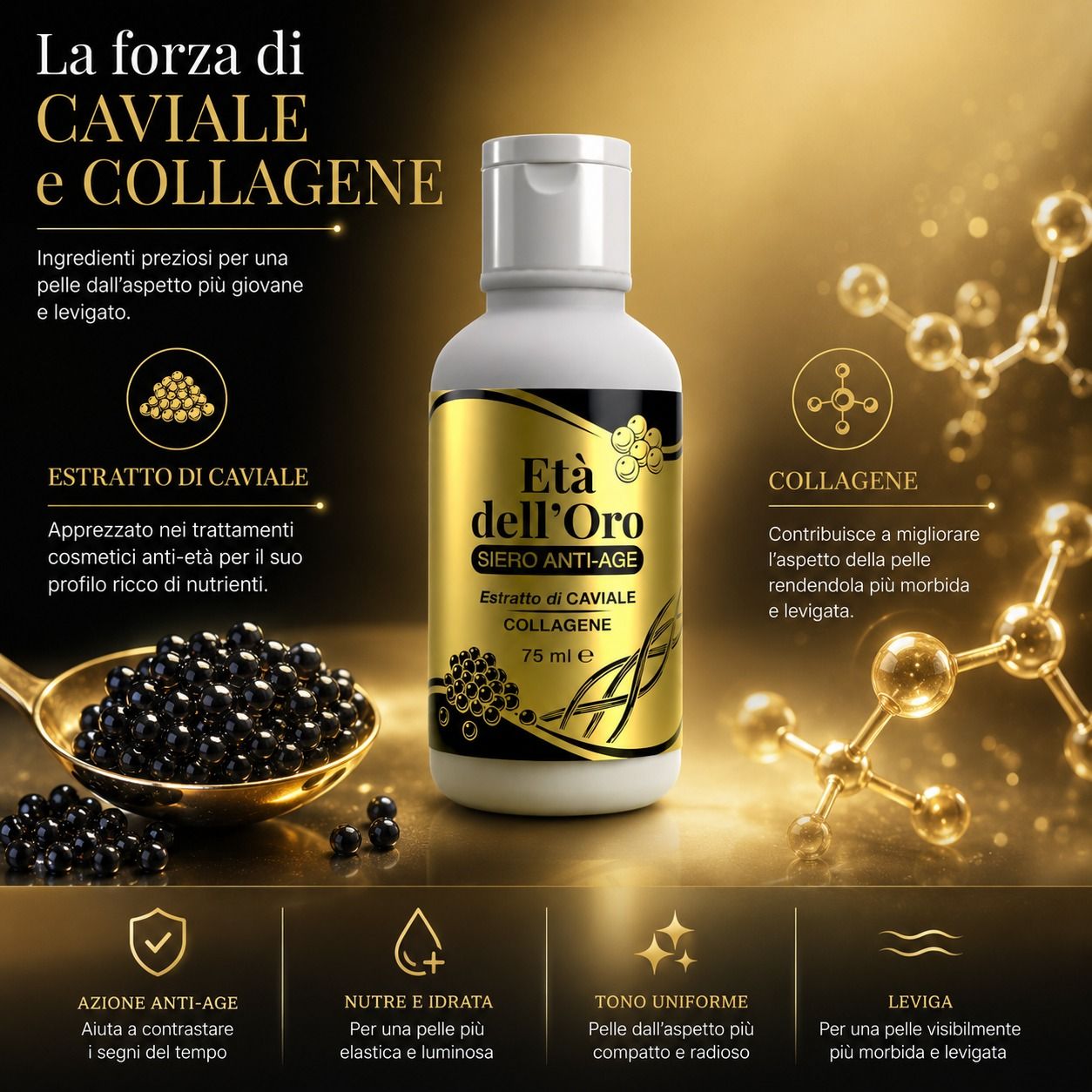 Ingredienti caviale e collagene per una pelle più giovane, rappresentati con strutture molecolari.