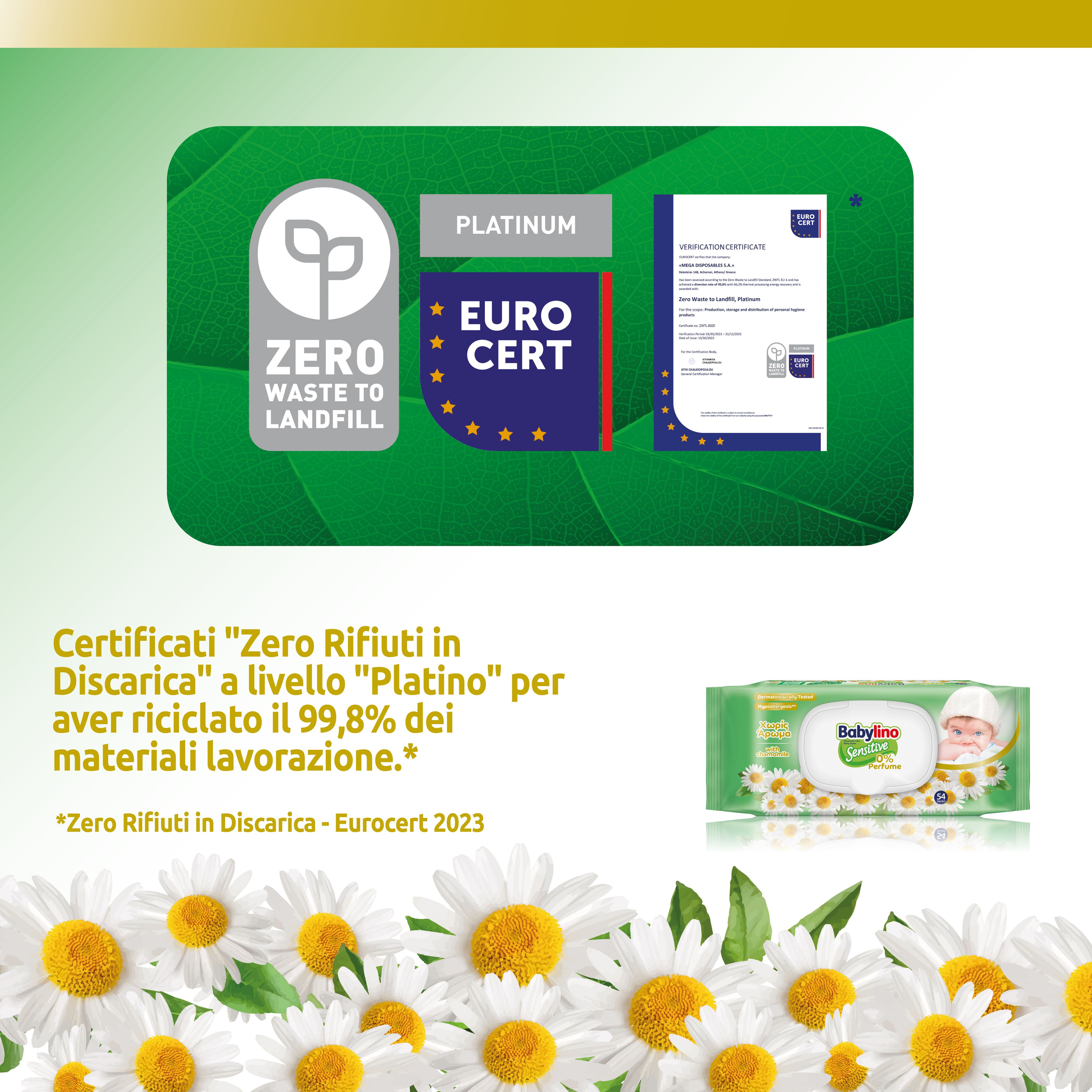 Logo Zero Waste to Landfill, Eurocert Platinum. Pacchetto Babylino con camomilla.