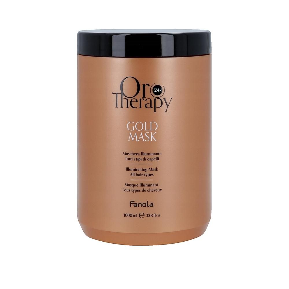 Maschera per capelli Gold Mask. Barattolo marrone con coperchio nero. Scritta: Oro Therapy, Gold Mask, Fanola. Per tutti i tipi di capelli.