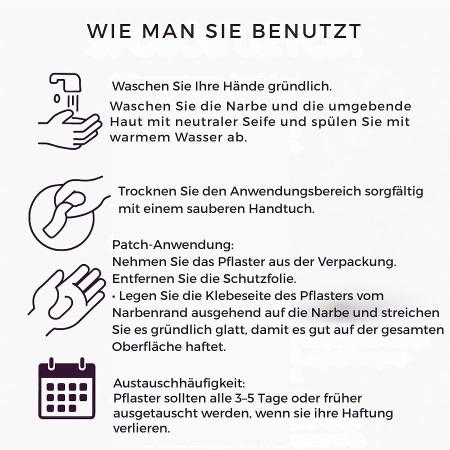 Istruzioni per l'uso. Illustrazioni: lavare le mani, pulire la cicatrice, asciugare, applicare il cerotto, rimuovere la pellicola protettiva. Sostituzione dopo 3-5 giorni.