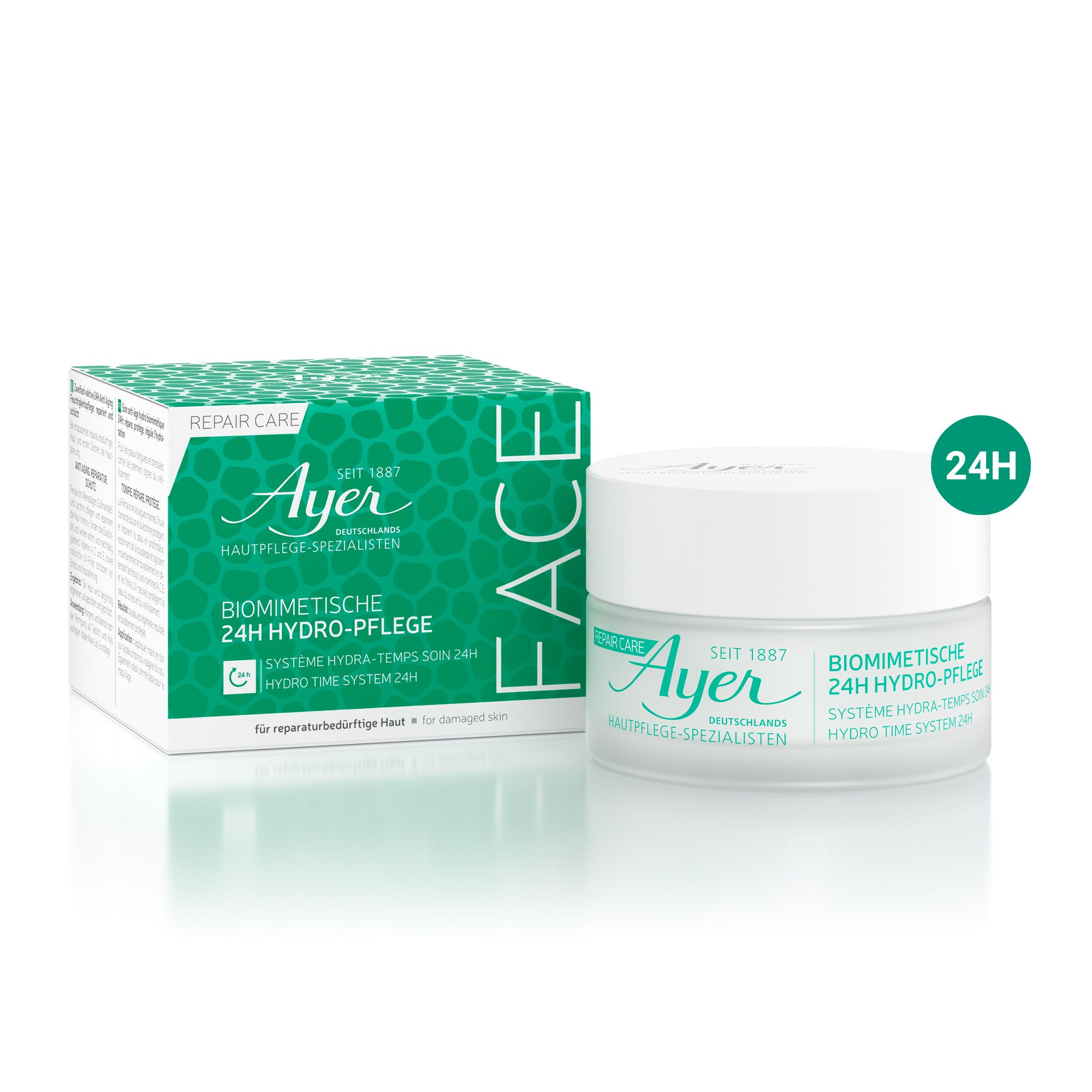 Vasetto di crema e scatola. Scritta: Ayer, 24h Hydro-Pflege. Confezione verde e bianca. Cura del viso.